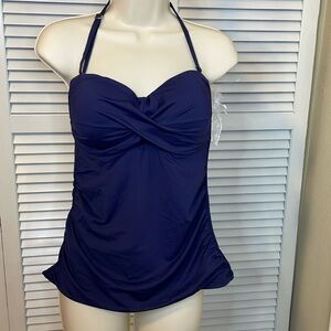 NWT Anne Cole Navy Blue Twist Front Bandeaux Tankini Top - Sz L